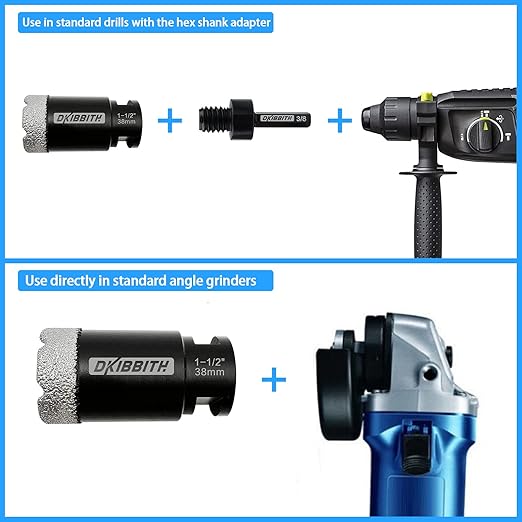 Dry Diamond Core Drill Bits 1-1/2 Inch Tile Hole Saws for Porcelain Ceramic Tile Granite Marble Stone Brick Hole Saw 38mm with 5/8-11 Thread Plus 3/8 Inch Hex Shank Adapter
