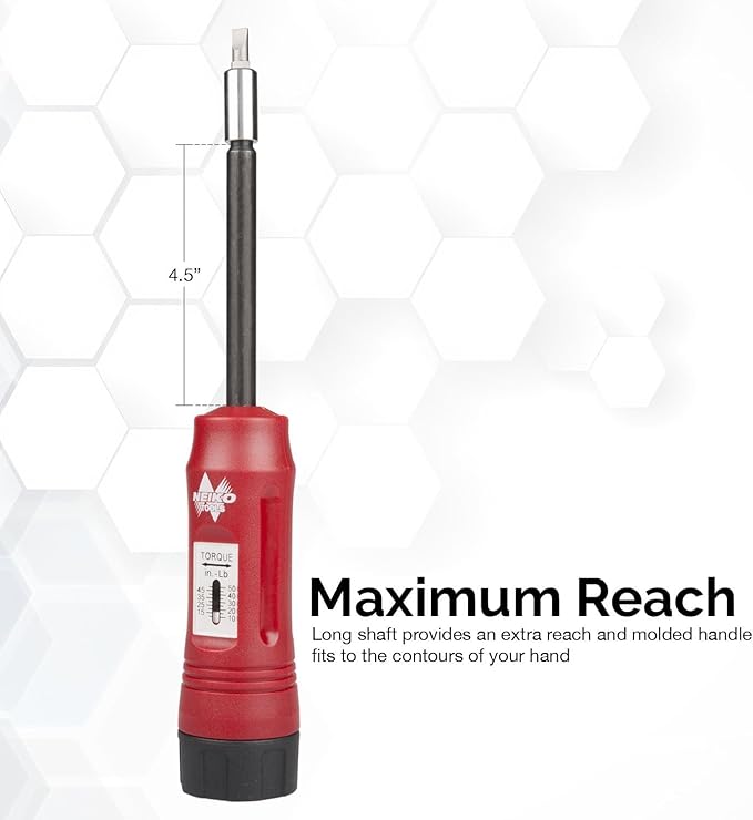 NEIKO 10573B 1/4??Torque Screwdriver Set, 20 Hex Bits, 10 to 50 In-Lbs, Long Shank Screwdriver Torque Wrench, Adjustable Inch-Pound Torque Screwdriver for HVAC and Gunsmiths