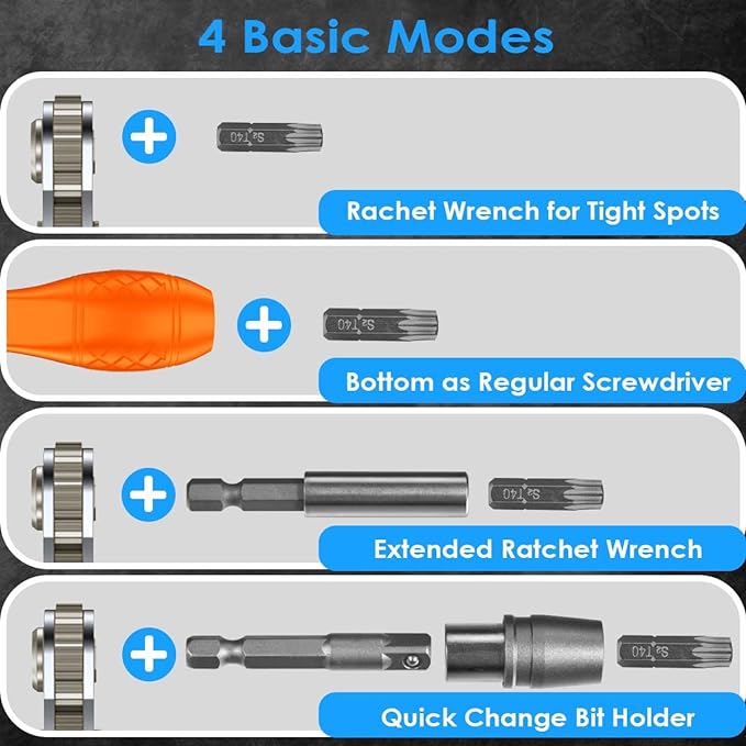 133in1 Mini Ratchet Wrench Screwdriver Bit Set with 1/4" Hex Shank Phillips/Pozidriv/Hexagon/Torx/Slotted/Square Bits, 36-Tooth Gear, Magnetic Bit Holder, 90 Degree Drive Handle