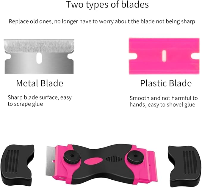 Razor Blade Scraper Tool Kit with 20Pcs Razor Blades, Plastic Paint Scraper, Double Edged Razorblade Scraping Tool for Glass, Windows, Stickers, Tint, Decals, Labels, Cooktop, Oven(Pink)