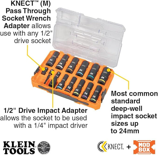 Klein Tools 65111IMPCTM KNECT Deep Well Impact Socket Set, 1/2-Inch Drive, Metric, Color Coded, MODbox Case, Impact Adapter and Extension, 14-Piece