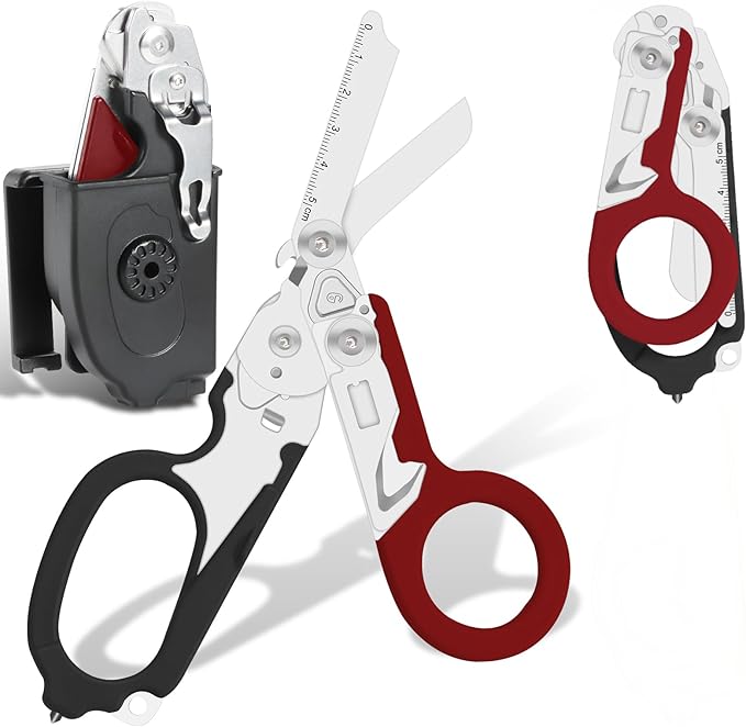 6-in-1 Heavy Duty Emergency/Trauma Shears, with Carbide Glass Breaker, Ring Cutter, Foldable, Stainless Steel Multi-Purpose Scissors for Hospital, Home, Camping, and Travel Rescue Tools (Black+Red)