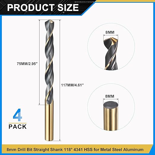 PATIKIL 8mm Drill Bit, Jobber Straight Shank 4341 High-Speed Steel 118째 Black and Gold Finish for Medium-Hard Metal Steel Acrylic - 4 Pack