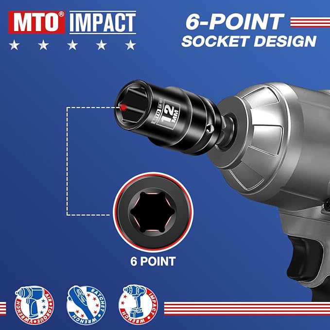 MTO 1/2" Drive 12mm Shallow Impact Socket, 6-Point Metric Socket, CR-MO Steel & Anti-Corrosion Coating for Tight Spaces and Heavy-Duty Tasks