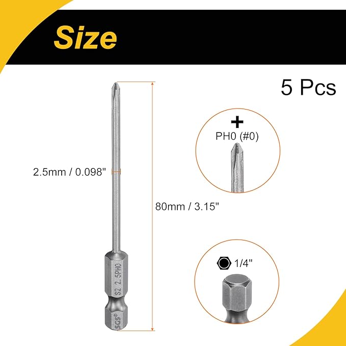 5 Pcs Magnetic Phillips Screwdriver Bit PH0 1/4" Hex Shank 80mm Long 2.5mm Rod