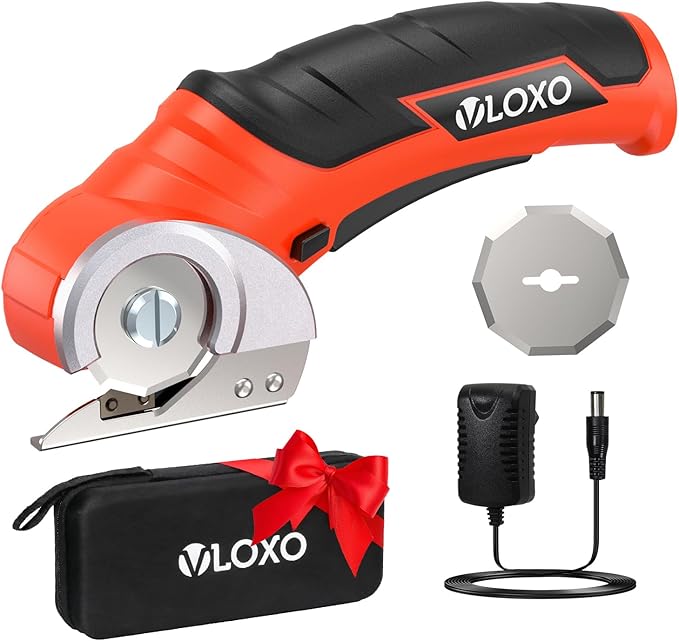 VLOXO Electric Scissors, Cordless Cardboard Cutter Power Box Cutter with Safety Lock, Multi-Cutting Tools for Cardboard, Rechargeable Mini Scissors for Plastic Leather Canvas with Storage Box Orange