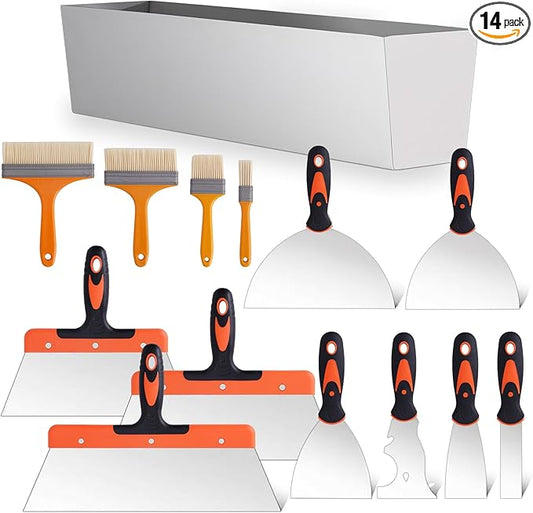 Drywall Knife Set, 14Pcs Stainless Steel Putty Tools Includes Putty Knife, Taping knife, Painter Scraper Tool & 14" Mud Pan Perfect for Drywall Joint Taping, Finishing and Patching