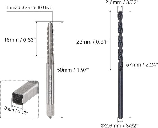 uxcell Tap and Drill Bit Set, 5-40 UNC Thread Tap & 3/32" Black Oxide Twist Drill Bit, Straight Flute Tap Tapping Threading Repair Tool Kit