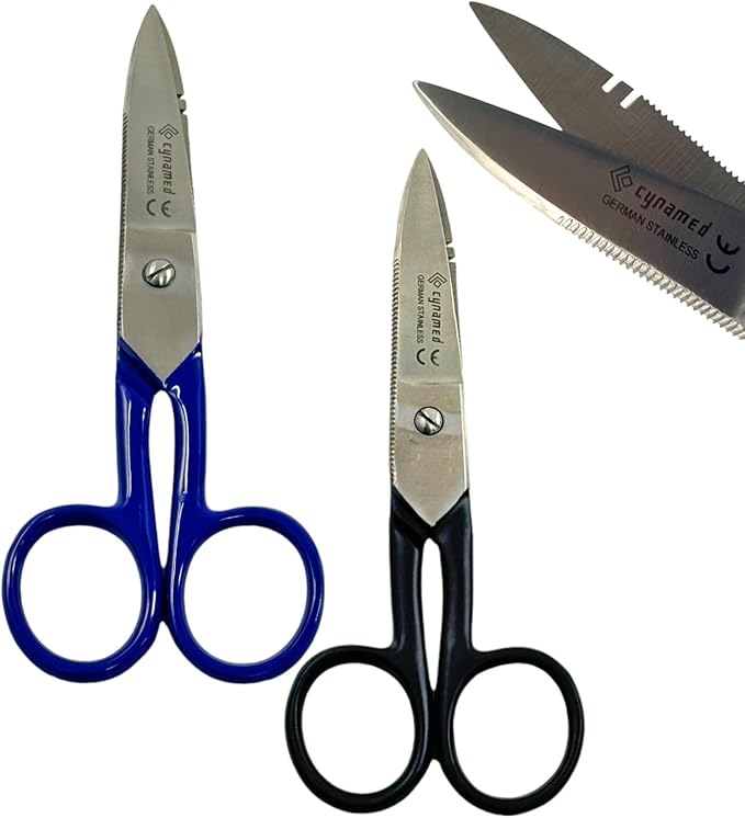 Electrical Wire Cutting and Stripping Scissors 5.25" Length | Electrician Electrical Repair Scissors | German Stainless Steel (Set of 2 - Black + Blue)