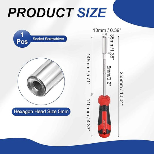 HARFINGTON Metric Nut Driver 5mm CR-V Non-Magnetic Tip Hollow Shafts Hex Socket Screwdriver with Anti-Slip Handle for Automobile Repair Bit Driver