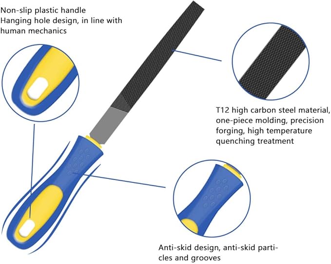 KALIM 5Pcs 6'' High Carbon Steel File, Rasp Set with Soft Rubber Non-slip Handle, Round/Half Round/Flat/Triangle/Squre, Grinding Hand Tool Set for Wood, Metal, Plastic, etc.