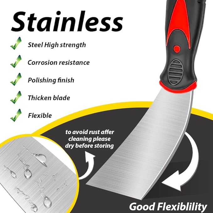 Drywall Knife Set, 8 Pieces Stainless Steel Drywall Hand Tool Kit Includes Taping Knife, Putty Knives, Finishing Trowel, Paint Scraper, Yellow handbag