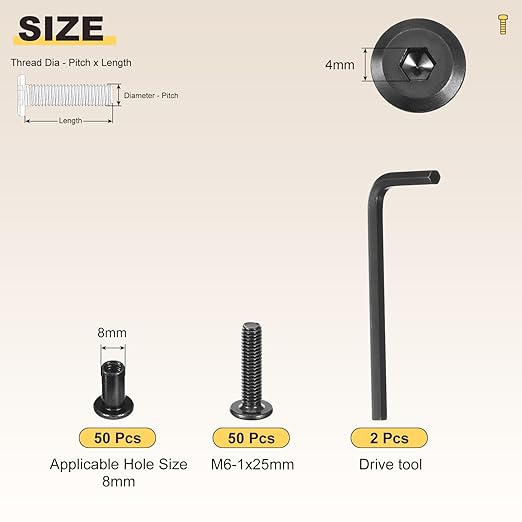 METALLIXITY Furniture Crib Screws Replacement Set with Wrench(M6-1x25mm) 100Pcs, Galvanization Connector Bolts M6 Screw Barrel Nuts Binding Screws, for Chair Cabinet Bed, Black