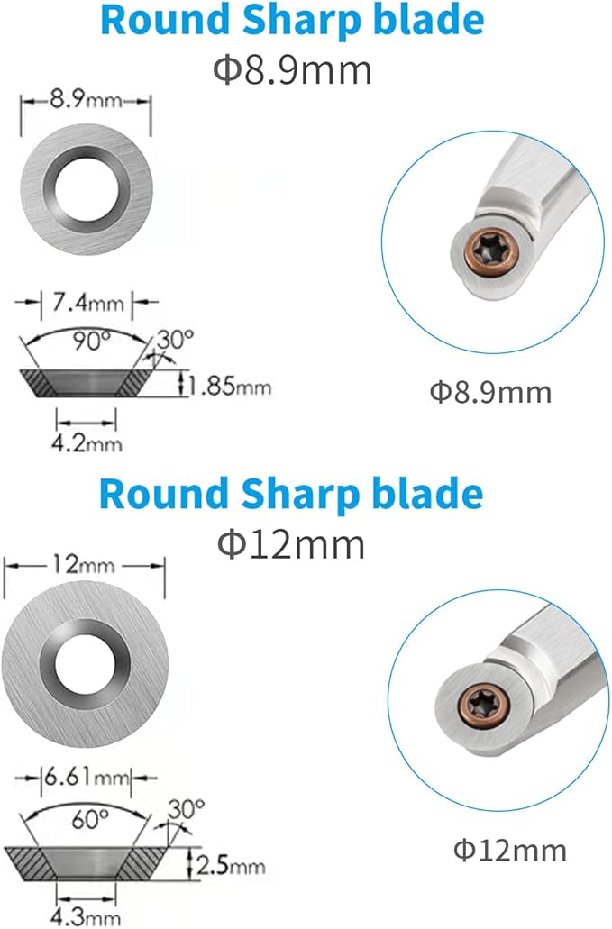 18 Pieces Tungsten Carbide Cutters Inserts Set for Wood Lathe Turning Tools Include 11 mm Square with Radius, 12 mm and 8.9 mm Round, 30 x 10 mm Diamond with Pointed Point,6 Pieces screws.