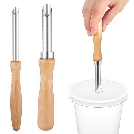 2Pcs Straw Hole Puncher for Plastic Lids, Circular Straw Hole Punch with Wood Handle Stainless Steel Circular Clay Holes Cutters Lemonade Cup Holes Puncher for Straws