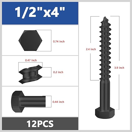 Lag Screws Wood Screws (12PCS, 1/2"x4", Black) Hex Head Lag Bolts,(12x100) Heavy Duty Lag Screws,304 Stainless Steel Bolts 18-8