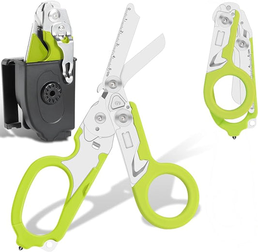 6-in-1 Heavy Duty Emergency/Trauma Shears, with Carbide Glass Breaker, Ring Cutter, Foldable, Stainless Steel Multi-Purpose Scissors for Hospital, Home, Camping, and Travel Rescue Tools (Green)