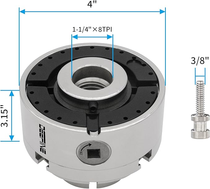 4 Inch Wood Lathe Chuck Set 1-1/4"- 8 tpi thread, Nickel Plated Self Centering 4 Jaw Wood Turning Chuck set (2PCS jaws)