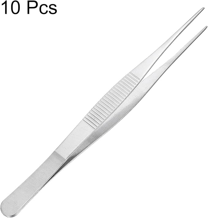 uxcell Stainless Steel Tweezers 6-Inch Straight Serrated Tip Stainless Steel Multipurpose Sewing Tweezer Silver 10 Pcs