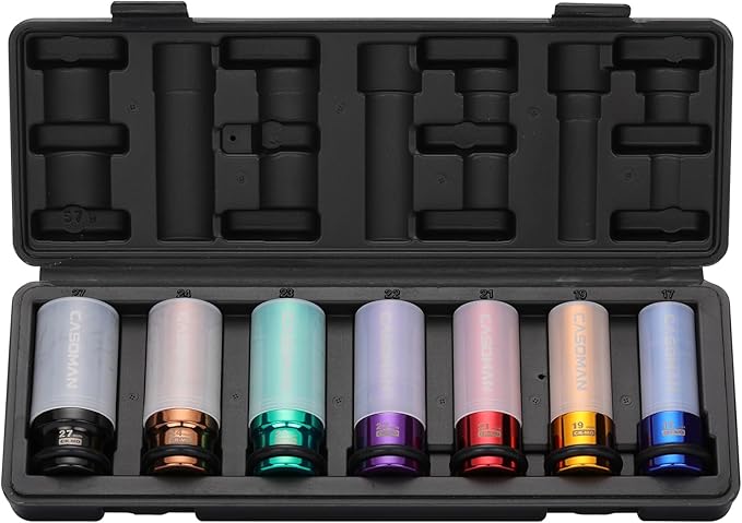 CASOMAN 7PCS 1/2" Drive Deep Lug Nut Impact Socket Set, Non-marring & Thin Wall Wheel Protector, Color-Coded, 85mm Length, 6 Point, Metric, CR-MO