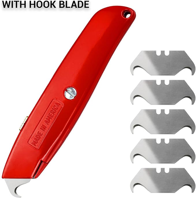Canopus Heavy Duty Utility Knife with Utility and Hook Blades, All Metal Retractable Box Cutter, Carpet Knife, Shingle Cutter Roofing Knife, Combo Pack, Red, Made in USA