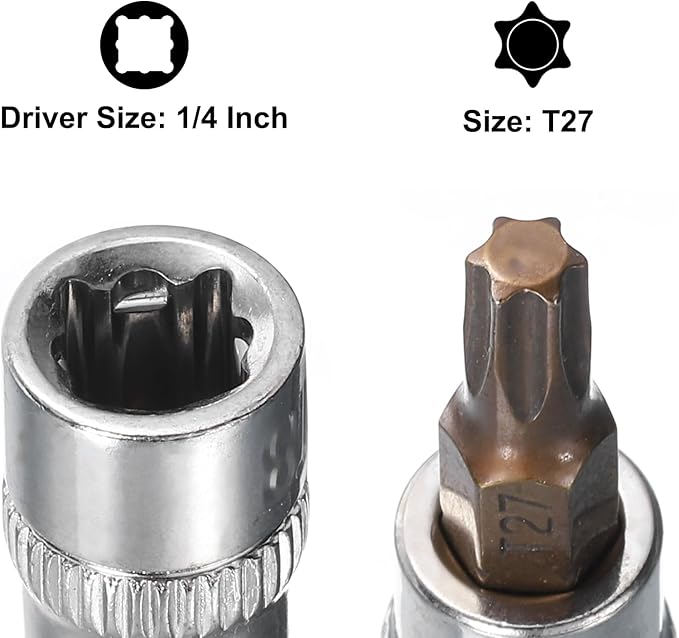 uxcell 3pcs 1/4" Drive x T27 Torx Bit Socket, S2 Steel Bits CR-V Sockets 38mm Length Use with Ratchet Wrench, Slide Bar, Extension Rod