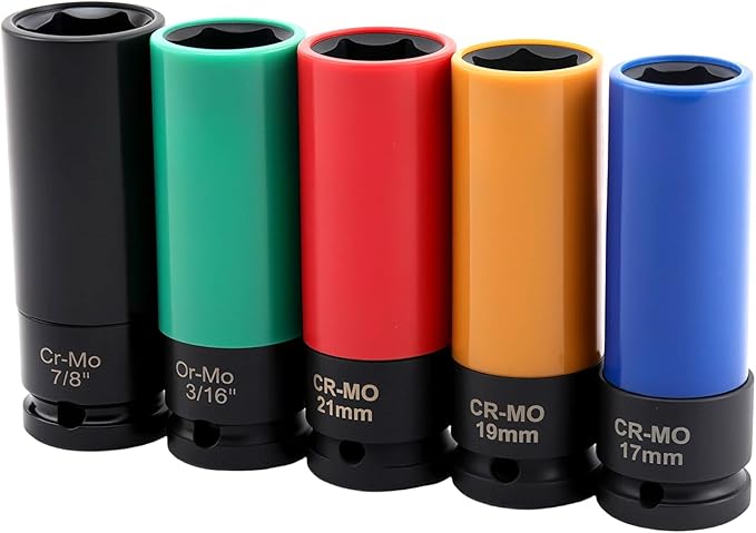 KEILEOHO 5 Pcs 1/2-Inch Drive Wheel Protector Impact Socket, 6 Point, Metric,15mm 17mm 19mm 21mm 22mm, Color-Coded, Thin Wall Deep Impact Socket Set for Protector Tire & Wheel Protection