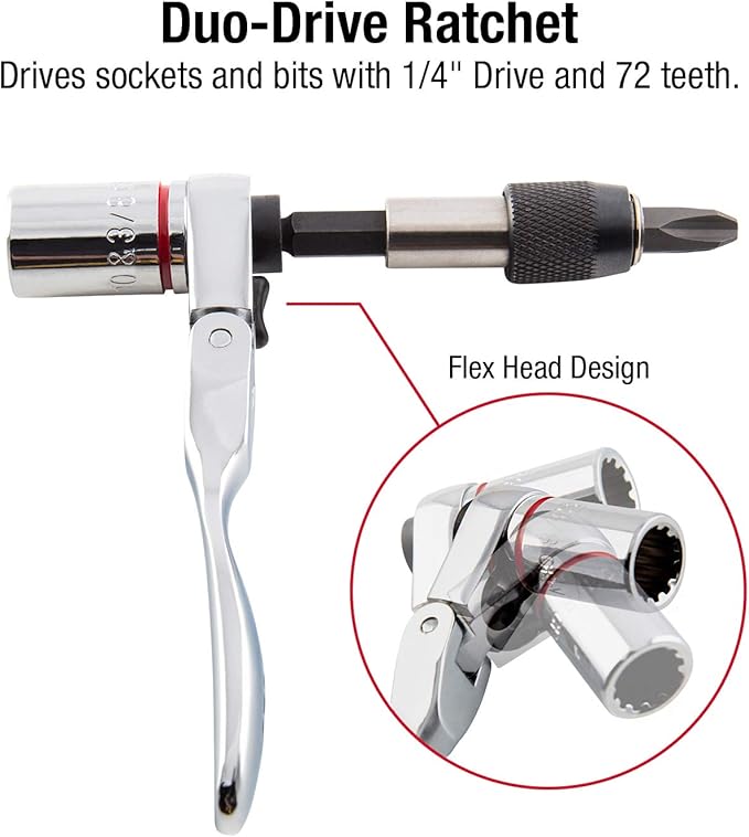 SUNEX TOOLS 9732 44Pc 1/4" Dr Mini Dual Flex Head RATCHET W Socket & Bit Set