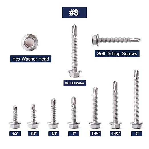 #8 x 1 Sheet Metal Screws 100PCS 410 Stainless Steel Hex Washer Head Fast Self Tapping Screws by SG TZH