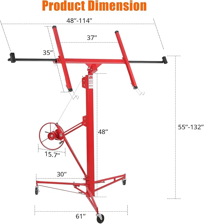 11 FT Drywall Lift Panel Rolling Hoist Jack Lifter, Sheetrock Lift Drywall Lift, Foldable Adjustable Drywall Jack Lift for Ceiling and Walls and Home Improvement, with 3 Lockable Wheels, Red