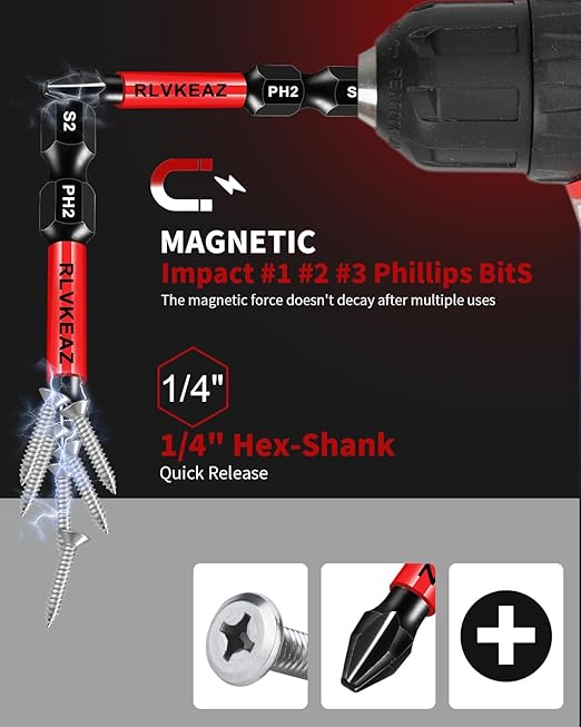 10-Pack Phillips Bits #1#2#3 Impact Magnetic, 2 Inch Phillips Head Drill & Screwdriver Bits Set, Premium S2 Steel, 1/4" Hex-Shank, (PH1/PH2/PH3) for Power Drill, Professional & DIY