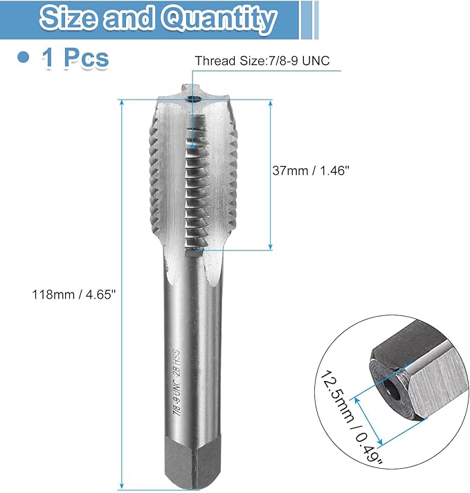uxcell Hand Bottom Tap 7/8-9 UNC 2B Thread Bottoming Style Threading Taps High Speed Steel HSS6542 Straight Flutes Screw Tapping Tool
