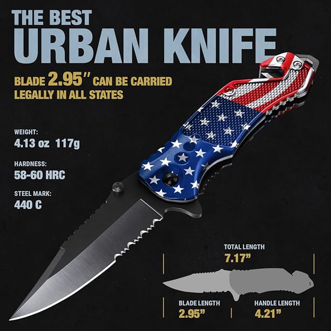 GOOD WORKER Legal Pocket Knife with 2.95??Serrated Blade, Glass Breaker, Seat Belt Cutter - EDC Sharp Folding Knives with Portable Clip - Small Tool for Tactical Camping Survival Hiking - Gifts for Men, Women