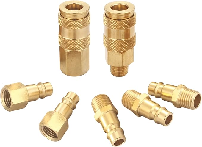 Pro High Flow Coupler and Plug Kit (7 Piece), V Style, 1/4 Inch NPT, Solid Brass Quick Connect Air Fittings Set