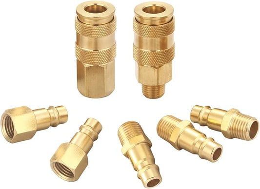 Pro High Flow Coupler and Plug Kit (7 Piece), V Style, 1/4 Inch NPT, Solid Brass Quick Connect Air Fittings Set