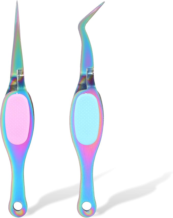 2PCS Stainless Steel Reverse Tweezers for Crafting, Soft Grip Tweezer for Crafting DIY with Curved and Straight Tips, Pointed Needle Nose for Jewelry Making Beading Angled Tweezers