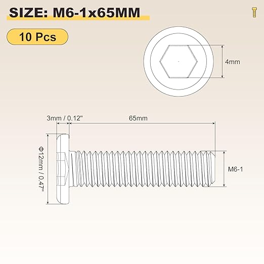 METALLIXITY Flat Head Hex Socket Cap Screws Bolts(M6-1x65) 10Pcs, Steel Hex Socket Furniture Bolts Screws - for Furniture Woodworking Project, Black