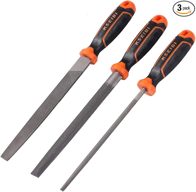 KSEIBI 311485 Metal File Set with High-Carbon Steel Blades - Ergonomic Soft-Grip Handles, 8-Inch Files in Flat, Round, and Half-Round Shapes for Wood and Metal Work