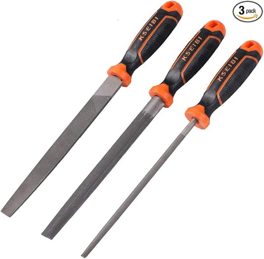 KSEIBI 311485 Metal File Set with High-Carbon Steel Blades - Ergonomic Soft-Grip Handles, 8-Inch Files in Flat, Round, and Half-Round Shapes for Wood and Metal Work