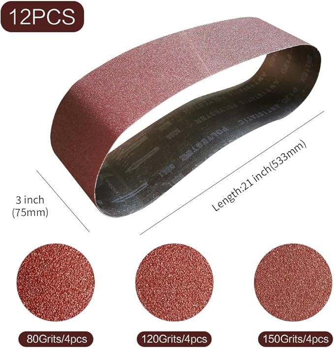 3x21 3 x 21 Inch Sanding Belt Pack 3-Inch x 21-Inch,12 Pcs(4 Each of 80 120 150 Grits) Aluminum Oxide for Sander