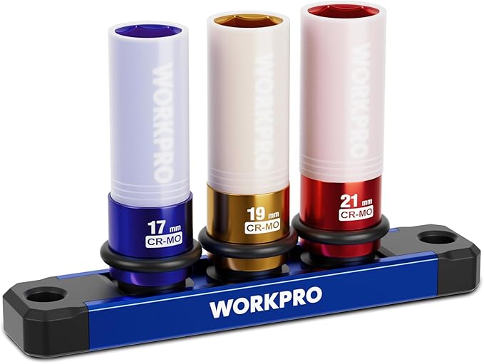 WORKPRO 1/2" Drive Lug Nut Impact Duty Socket Set, 3 Pieces 17-19-21mm Deep Thin Wall Socket Set, Made of Premium Cr-Mo Steel, Non-Marring Lug Nut Wheel Sockets for Car