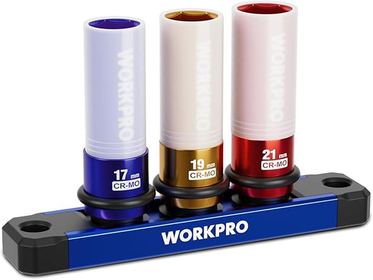 WORKPRO 1/2" Drive Lug Nut Impact Duty Socket Set, 3 Pieces 17-19-21mm Deep Thin Wall Socket Set, Made of Premium Cr-Mo Steel, Non-Marring Lug Nut Wheel Sockets for Car