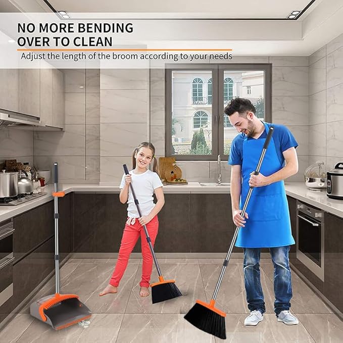 2-Pack is More economical竊똗pgraded Upright Broom and Dustpan Combo with 52" Long Handle, Dustpan Teeth with self-Cleaning Function, Indoor and Outdoor Sweeping, Perfect for Home Office.
