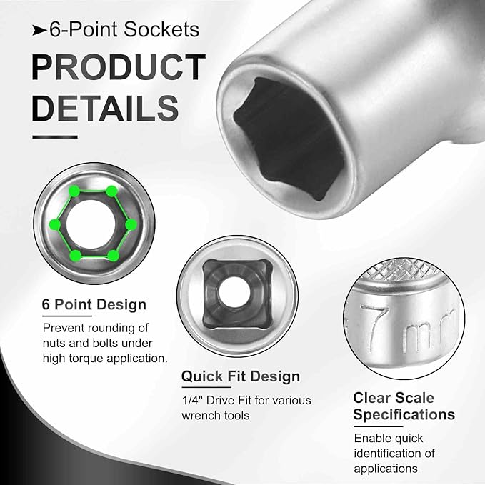 HARFINGTON 6 Points Deep Socket 1/4" Drive 7mm Deep Metric CR-V Steel Polished Nickel Plating Flip Sleeve 25mm / 1" Extra Long Socket Tool for Home Auto Nuts Bolts Repair