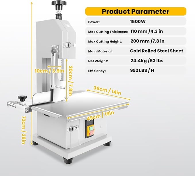 1500W Electric Meat Band Saw, Stainless Steel Tabletop Electric Cutting Machine with 8 Saw Blades, 0.04-4.3 Inch Cutting Thickness, 20x15 in Table Sawing for Chicken Fish Trotter Beef (1500W)