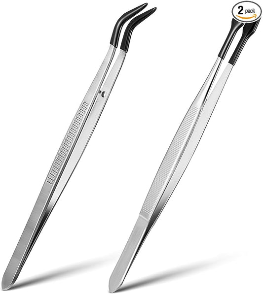2Pcs Tweezers With Rubber Tips Silicone Tipped Tweezers Pvc Rubber Coated Tweezer Set Non Marring Tweezers Flat Tip Long Tweezer Stamp Coins Jewelry Crafts Industrial Electronic Tweezer Tools (Black)