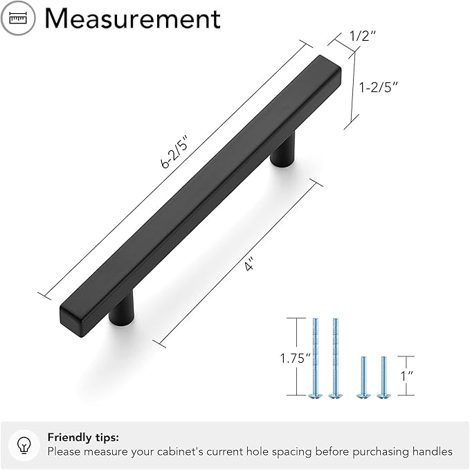 Ravinte Black Cabinet Handles 5 Pack 4 inch Matte Black Square Cabinet Pulls Kitchen Hardware 6-3/8 Inch Overall Length Kitchen Drawer Pulls