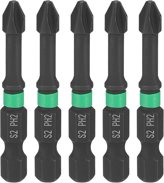 HARFINGTON 5pcs #2 Impact Phillips Screwdriver Bit PH2 1/4" Hex Shank 2" (50mm) Length 0.17" Rod Magnetic Cross Head Drill Bits S2 Steel Industrial Screw Drivers for Impact Power Tools