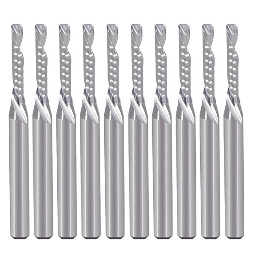 HOZLY Single Flute Down Cut Spiral End Mill 1/8inch Shank with (0.078") 2mm Cutting Dia,(1/2") 12mm Cutting Length for Wood Acrylic Aluminum Plastic Plate Pack of 10