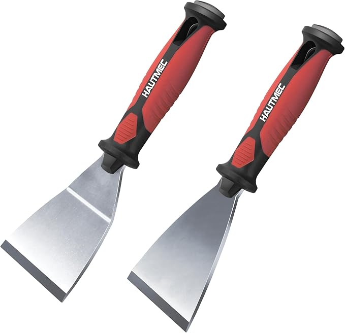 HAUTMEC 2pc Putty Knife Set, 2.5 in Straight and 3 in Offset Scrapers, Heavy Duty Stainless Steel Blade and Hammer End for Removing Wallpaper, Applying Putty, Plaster, Cement HT0061-PT